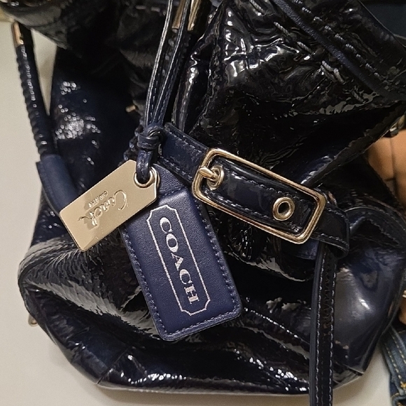 Coach Navy Blue Patent Leather Shoulder Bag with Textured Finish And Silver Acc. - Picture 7 of 10